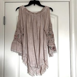 Standard Grace Cold Shoulder Embroidered Bell Sleeve Frayed Hem Top